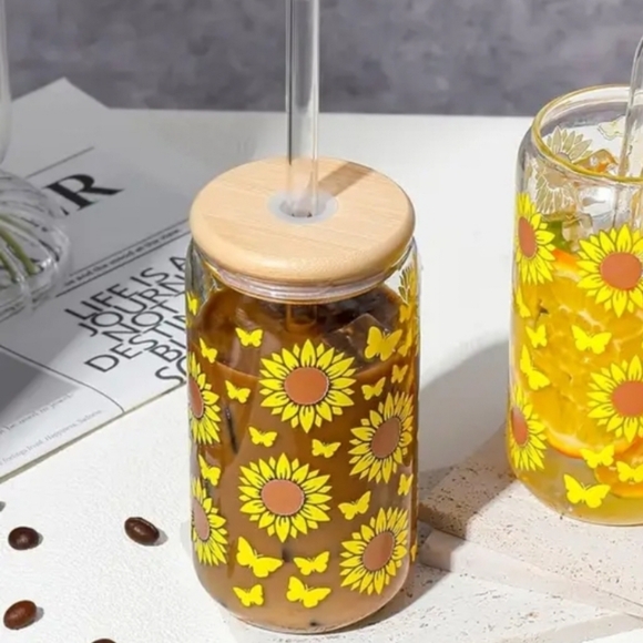 Other - Sunflower Pattern‎ Glass Jar Mug Cups with Wooden Lids & Straws,